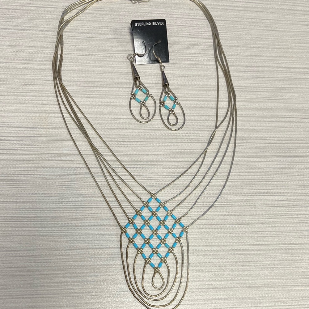 Vintage Liquid sterlng silver heishi turquoise bead weave jewelry set Excalibur